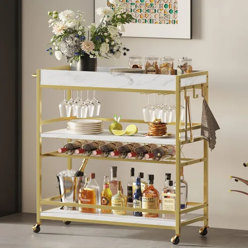 Miniatura 5 de BON AUGURE Carrito de Bar para el Hogar, Carrito de Bar Rodante para el Hogar con Ruedas, Carrito de Bebidas Móvil de 3 Niveles con Botellero