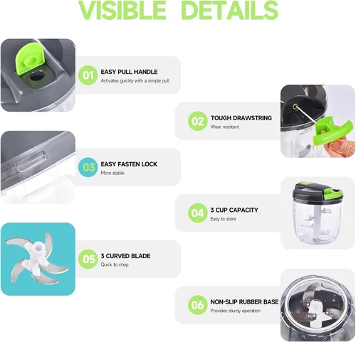 Miniatura 8 de Procesador manual de alimentos, picador de verduras, picador de ajo portátil con cuerda de mano, cortador de cebolla para verduras, jengibre, GGreen