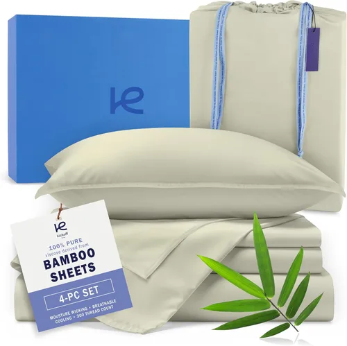Miniatura 37 de Kickoff Sábanas de bambú de viscosa tamaño King, 4 piezas, 100% viscosa de bambú orgánico, juego de sábanas refrescantes tamaño King, ropa de cama