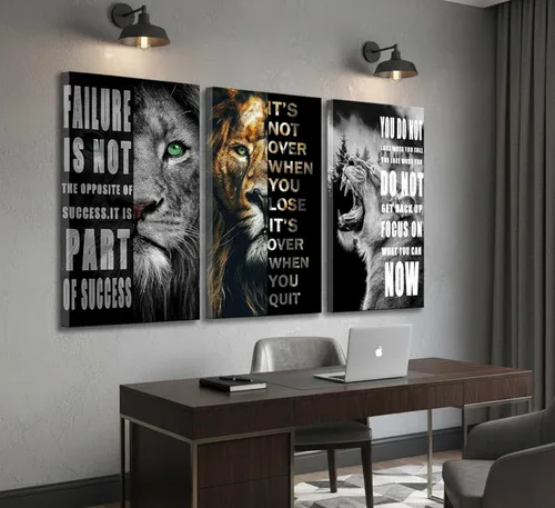 Miniatura 7 de 3 Piezas de Arte de Pared Inspirador para Oficina, Lienzo Moderno con Citas Motivacionales, Imágenes en Blanco y Negro de León, Decoración de Pared