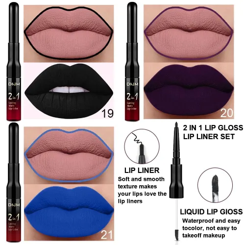 Miniatura 2 de 3 piezas 2 en 1 Set de delineador y lápiz labial líquido de color negro oscuro, púrpura y azul real para mujeres, tinte labial de larga duración, a