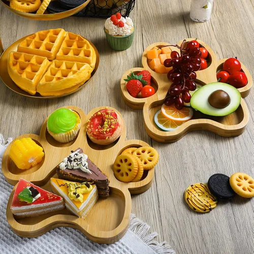 Miniatura 7 de Teling 2 bandejas de bambú para servir bocadillos de madera con 5 ranuras, tablero de charcutería de bambú, cuenco de madera para dulces, regalos