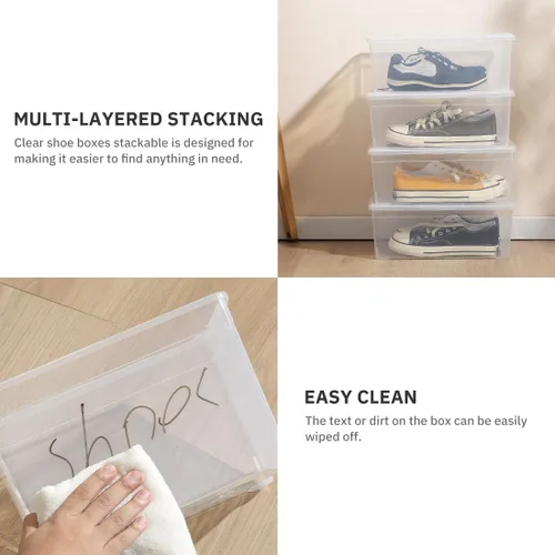 Miniatura 4 de Caja de almacenamiento de plástico, paquete de 12 contenedores transparentes para zapatos con tapa de pestillo, contenedor apilable para el hogar