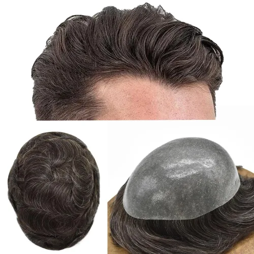 Miniatura 36 de Toupee para hombres Cabello humano real suave Poly Skin Mens Toupee Hair Units System Natural Looking Grey Brown Blonde Mens Hairpiece Protesis