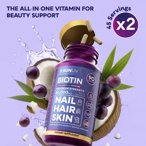 Miniatura 9 de SUNUV Biotina 10,000 mcg Colágeno Queratina - 80,000 mcg Vitaminas para el Crecimiento del Cabello para Mujeres y Hombres, Apoyo para la Piel