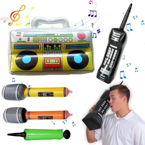 Miniatura 9 de Decoraciones de fiesta temática de los años 80 y 90, incluye una caja de auge, teléfono celular inflable, 2 micrófonos, 2 guitarras inflables y una