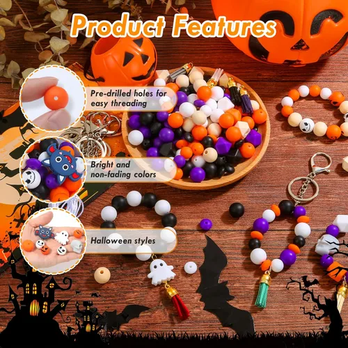 Miniatura 2 de 221 cuentas de silicona de Halloween para hacer llaveros, cuentas focales de silicona a granel con cuentas sueltas de 0.591 in y 0.551 in, cuentas