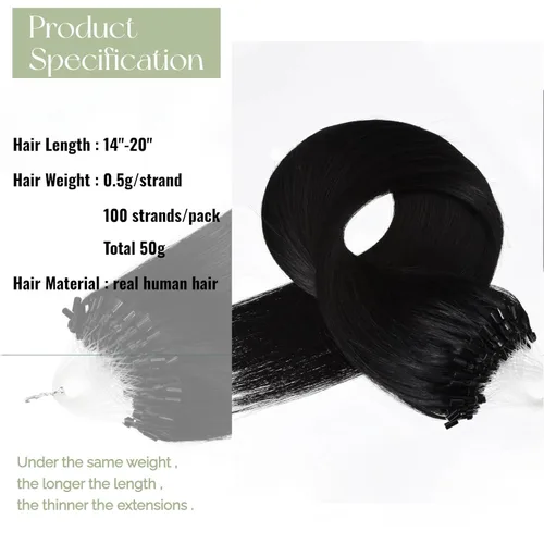 Miniatura 3 de Micro Link - Extensiones de cabello humano Remy virgen con micro anillo, extensiones de cabello humano de 0.02 oz/hebra, 1.76 oz, extensiones de #1