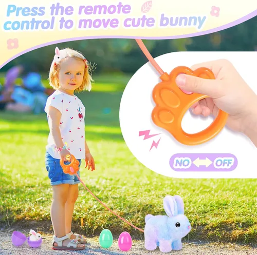 Miniatura 4 de CatchCute - Conejitos de peluche de Pascua para niños, conejo interactivo con sonidos, puede caminar y mover la cola con correa de control remoto