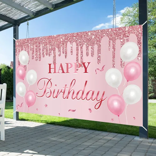 Miniatura 4 de Uiorgui Cartel de cumpleaños rosa – Cartel de feliz cumpleaños decoraciones de fondo suministros para fiestas