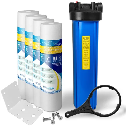 Miniatura 12 de Sistema purificador de filtro de agua azul de alta capacidad de 20 x 4.5 pulgadas para toda la casa con botón de alivio de presión, puerto de latón