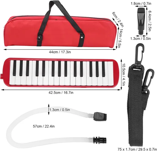 Miniatura 7 de Melódica para principiantes de 32 llaves, portátil con bolsa de transporte, boquilla de corneta, entrenamiento musical para niños, rojo