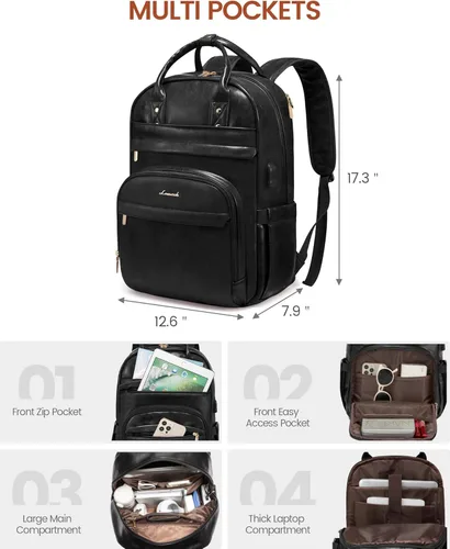 Miniatura 4 de LOVEVOOK Mochila vintage para computadora portátil de piel sintética de 15.6 pulgadas, negro, 25L, resistente al agua, puerto de carga USB