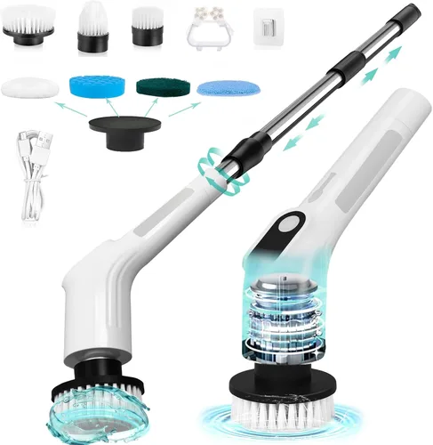 Miniatura 8 de Limpiador eléctrico giratorio, cepillo de limpieza de ducha inalámbrico impermeable con cabezales de cepillo reemplazables y mango de extensión