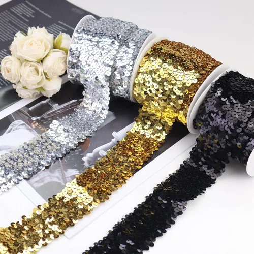 Miniatura 4 de Cinta elástica de lentejuelas de 1.6 pulgadas de ancho, ribete de lentejuelas metálicas negras, encaje elástico de 5 yardas para coser ropa, Plata