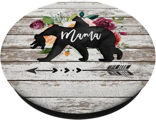 Miniatura 2 de Mama Bear Dos Cubs Twins Rustic Barn Wood Watercolor Floral - PopSockets Grip and Stand for Phones and Tablets, Negro