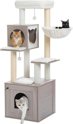 Miniatura 11 de PETEPELA Árbol para gatos de 56.7 pulgadas con caja de arena, torre grande de madera para gatos de interior con armario de almacenamiento y acogedor