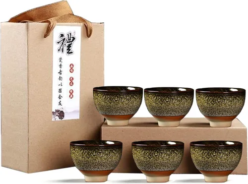 Miniatura 5 de Juego de té Kung Fu de cerámica de 6 piezas, taza de té japonesa, taza de sake, capacidad de 2.1 onzas, 6 colores Marrón oscuro