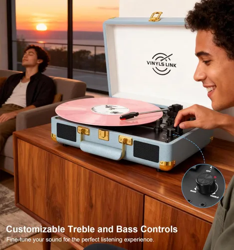 Miniatura 8 de VINYLSLINK Reproductor de discos de vinilo con Bluetooth, tocadiscos portátil de 3 velocidades con control de agudos y graves, altavoces estéreo Azul