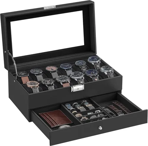 Miniatura 85 de SONGMICS UJWB012 - Caja de reloj de 12 ranuras, caja de reloj con cerradura con tapa de vidrio, 2 capas, con 1 cajón para anillos, pulseras, idea