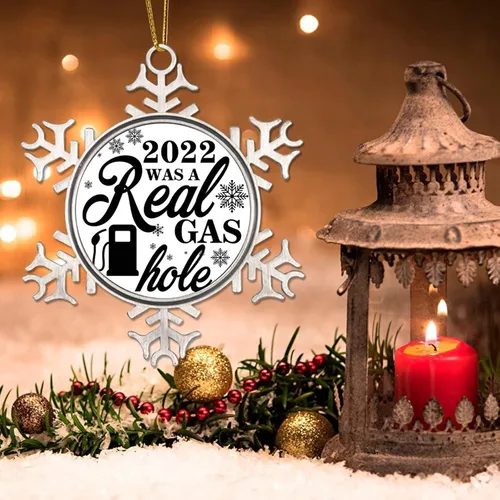 Miniatura 3 de Adorno de Navidad de metal 2022 con diseño de copo de nieve con agujero de gas real, colgante divertido de cotizaciones de precios de gas alto