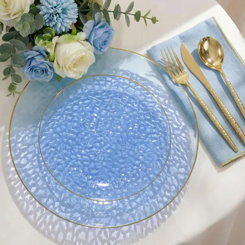 Miniatura 5 de I00000 150 platos de plástico azul transparente con borde dorado, platos desechables azules, juego de platos desechables con patrón de martillo
