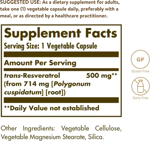 Miniatura 2 de Solgar Resveratrol 500 mg, 30 cápsulas vegetales - Protección antioxidante - Sin gluten, sin lácteos - 30 porciones