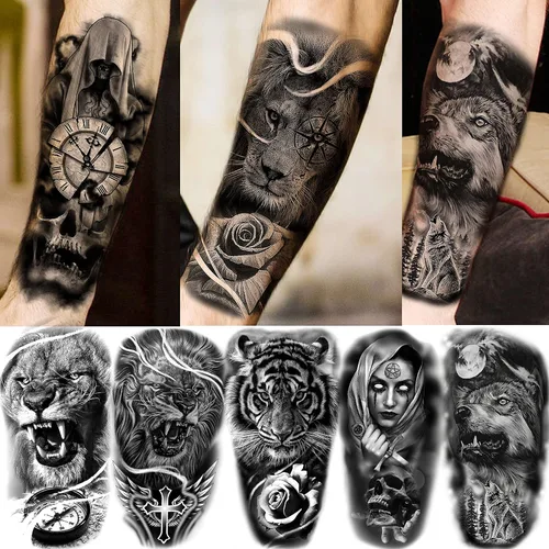 Miniatura 3 de COKTAK 64 hojas grandes de tatuajes temporales de brazo negro para hombres, antebrazo, mujeres, muslo, media manga, animales, león, tigre, lobo