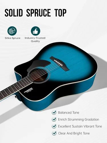Miniatura 2 de Rosen Guitarra acústica Dreadnought de tapa sólida de 104 cm con abeto, para principiantes, con libro, bolsa acolchada, cuerdas, púas, llave Azul
