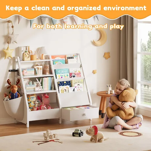 Miniatura 4 de Estantería infantil y organizador de almacenamiento de juguetes, estantería Montessori de 3 niveles para bebés y niños pequeños con bolsillos