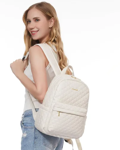Miniatura 2 de LOVEVOOK Mochila pequeña acolchada para mujer, mochila de cuero, impermeable, para viajes de trabajo, Beige, Compacto