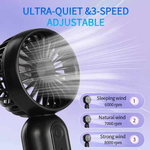 Miniatura 2 de VanSmaGo - Mini ventilador portátil de mano con 3 velocidades para viajes, ventilador de pestañas recargable por USB, funciona con pilas, negro