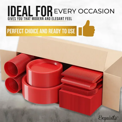 Miniatura 3 de 350 piezas de platos de plástico rojo para fiestas, juego de platos desechables rojos, 50 de cada juego de platos para cena de 9 pulgadas, platos