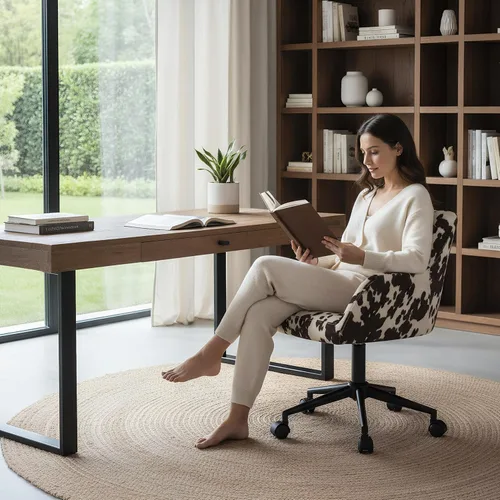 Miniatura 3 de Silla de escritorio moderna giratoria para oficina en casa con ruedas, terciopelo estampado de vaca, altura ajustable, cómoda, ergonómica, tapizada