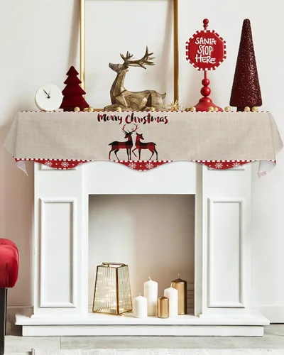 Miniatura 5 de Bufanda de manto de 60 x 17 pulgadas, diseño de cuadros rojos de búfalo a cuadros, alce de Navidad, chimenea, cubierta de mantel para Navidad