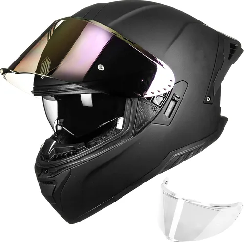 Miniatura 9 de ILM Cascos de motocicleta de cara completa para adultos, hombres y mujeres, doble visera Powersports Motorbike Street Racing 619 (negro dorado, S)