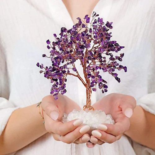 Miniatura 2 de KARMA AND LUCK Árbol de la vida de Feng Shui con base de cristal blanco Home D cor, hecho a mano en Bali, mediano 8 (amatista)