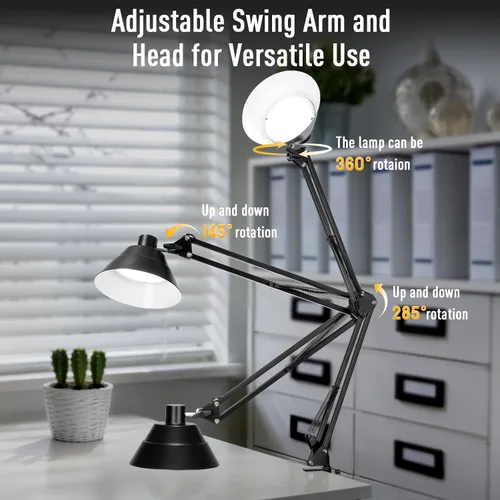 Miniatura 7 de Lámpara de escritorio LED para oficina en casa, lámpara de escritorio con brazo oscilante con abrazadera, lámpara de mesa de cuello de cisne Negro