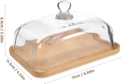 Miniatura 2 de Hemoton Plato de vidrio transparente para tartas con base de madera y cubierta de cúpula – 6.69 x 4.52 x 3.50 pulgadas, bandeja de postre