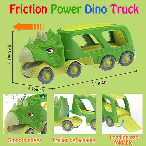 Miniatura 4 de Veslier Coche de Juguete de Dinosaurio para Niños de 3, 4 y 5 Años, Camión Transportador con Energía de Fricción con Pack de 4 Coches Pequeños