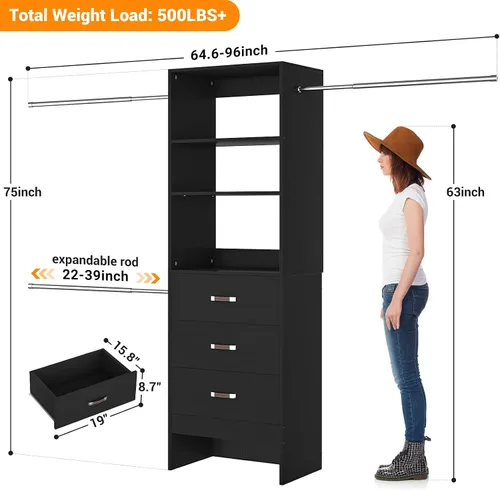 Miniatura 2 de Homieasy Sistema Organizador de Armario de 96 Pulgadas, Organizador de Armario Walk-In Personalizable de 8 Pies con Varillas para Colgar, Perchero