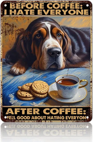 Miniatura 24 de KIYOYO Basset Hound Dog - Cartel de metal vintage de hound con texto en inglés "Before Coffee After Coffee" (Antes del café después del café)