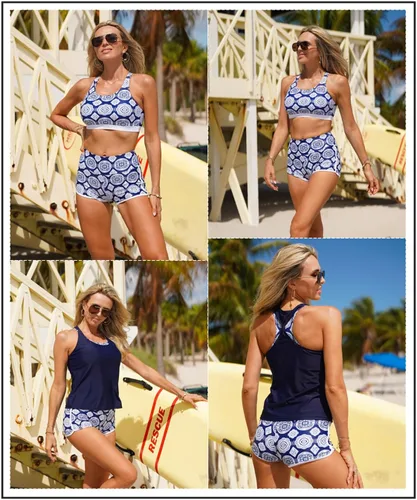 Miniatura 8 de Aleumdr - Traje de baño atlético de 3 piezas estilo tankini para mujer, con camiseta sin mangas, brasier deportivo y pantalón corto de estilo chico