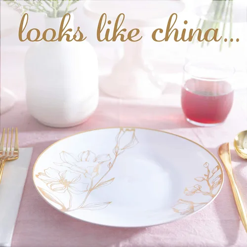 Miniatura 3 de PLASTICPRO Platos de plástico blanco con diseño floral con borde dorado, platos desechables elegantes y pesados de primera calidad