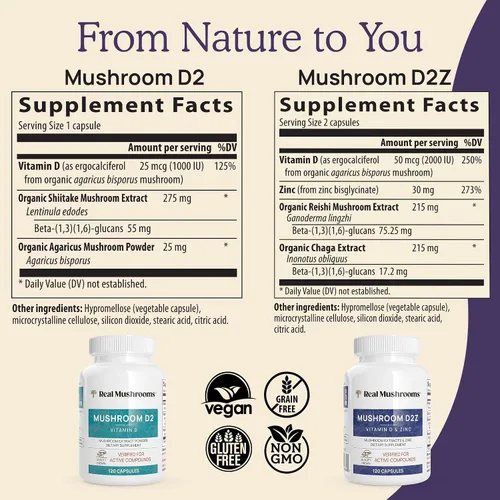 Miniatura 7 de Real Mushrooms Paquete de vitamina D2, zinc, chaga, reishi (120 unidades) y Cordyceps-M (120 unidades) – Apoyo inmunológico natural, energía