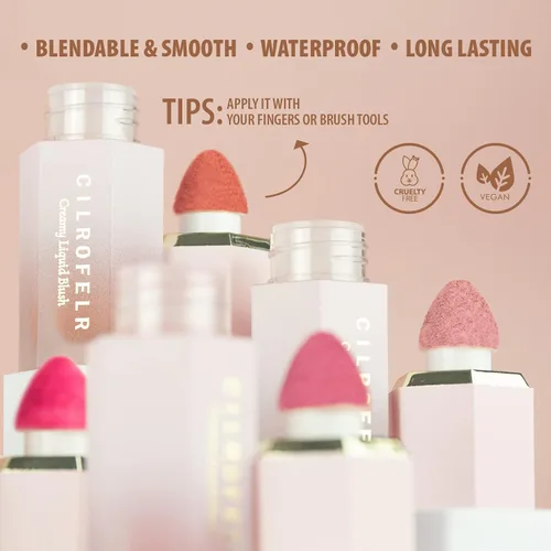Miniatura 3 de Cilrofelr Rubor líquido en crema suave, maquillaje cremoso para mejillas, acabado húmedo, pigmento construible, ligero, de larga duración, para un