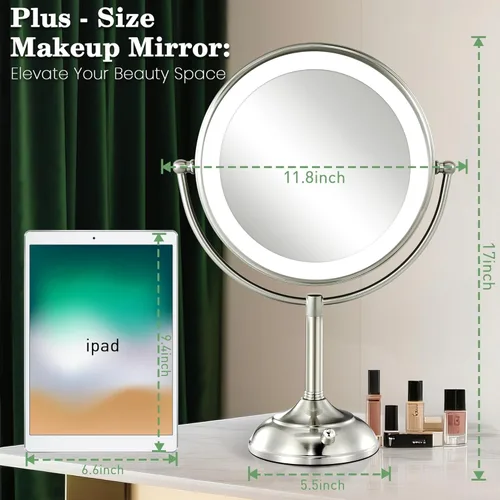Miniatura 3 de VESAUR Espejo de maquillaje iluminado extra grande de 11.8" y 17" de alto, espejo de aumento de 3 lados 1X/5X/10X con 96 LED, 3 luces regulables
