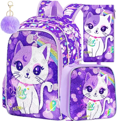 Miniatura 11 de KLFVB 3 mochilas de sirena de unicornio para niñas, bolsa de libros y lonchera de lentejuelas de 16 pulgadas, mochilas preescolares para primaria