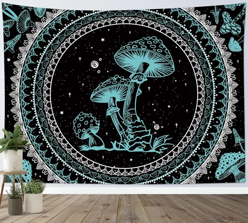 Miniatura 23 de SCECALA Tapiz bohemio de hongos, mandala blanco y negro para colgar en la pared para dormitorio, decoración bohemia del hogar, 60 x 40 pulgadas