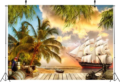 Miniatura 3 de BELECO Telón de fondo de barco pirata de isla de playa, 5 x 3 pies, paisaje marino de verano, fondo de palmeras, fondo de madera, caja del tesoro